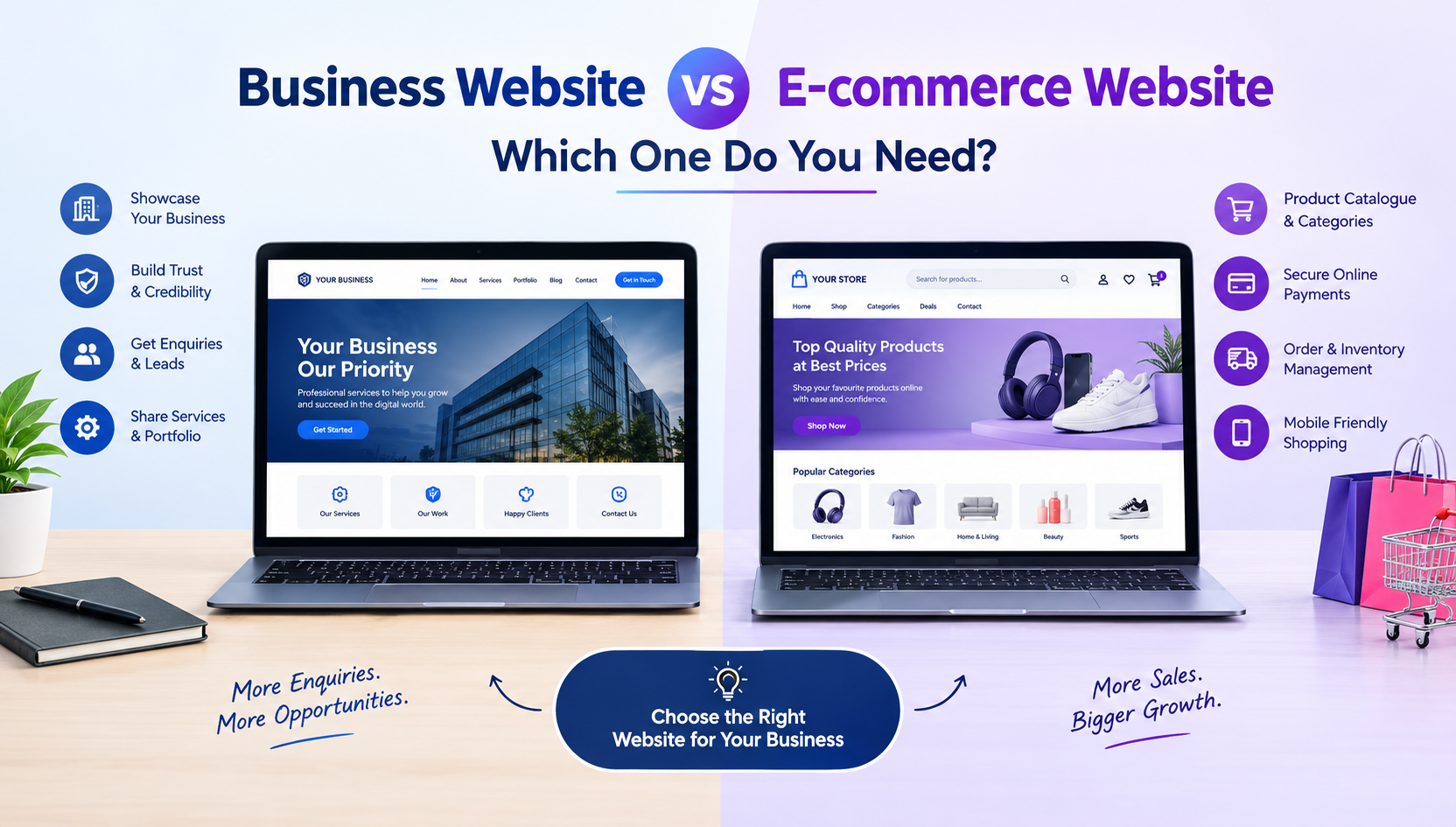 Business website vs e-commerce website comparison